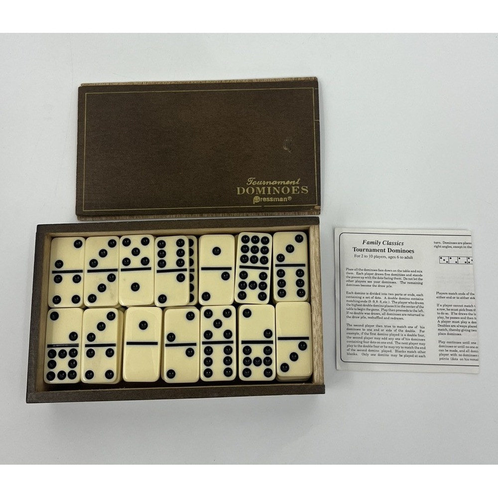 Pressman Vintage 1983 Tournament Set of 55 Dominoes Wooden Box with Instructions